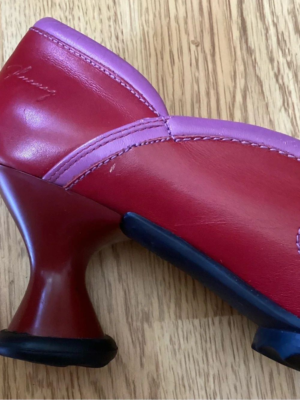 John Fluevog Red Leather Pumps With Purple Trim, Size 12, Spool Heel